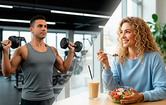 Un hombre entrenando hombros con mancuernas y una mujer comiendo saludable. Ilustra el Programa de Entrenamiento y Nutrición