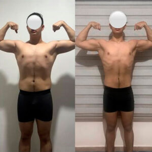 Progreso de recomposición corporal con foco en el aumento de masa muscular y definición de brazos y hombros en chico.