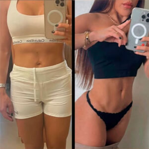 Resultado de antes y después mostrando la definición de abdomen y cintura lograda con la asesoría nutricional online de Santiago Tobón.