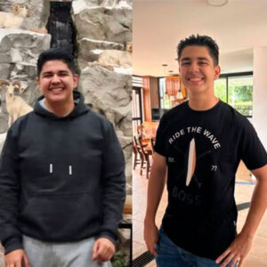 Cliente mostrando antes y después de su recomposición corporal, pérdida de grasa y ganancia de músculo con Santiago Tobón.