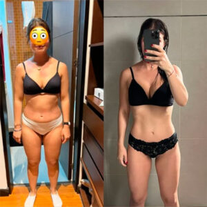 Transformación de mujer antes y después, logrando tonificación corporal y pérdida de grasa con el entrenamiento online de Santiago Tobón.