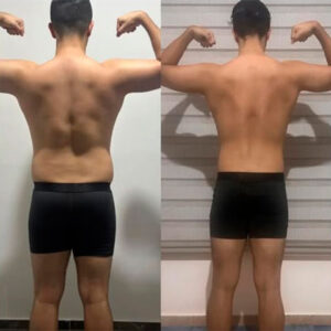 Foto de espalda antes y después, demostrando recomposición corporal y tonificación muscular con el entrenador personal Santiago Tobón.