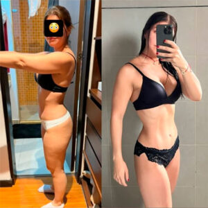 Foto de perfil de mujer antes y después, mostrando tonificación en glúteos y definición de cintura con el plan de Santiago Tobón.