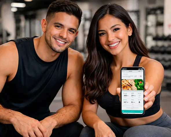 Pareja en gimnasio de Cali usando la App de nutrición y rutina del Programa de Entrenamiento Personalizado de Santiago Tobón G.
