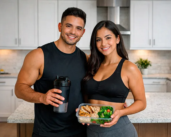 Pareja fitness en Cali con plan de alimentación saludable y batido de proteína post entrenamiento